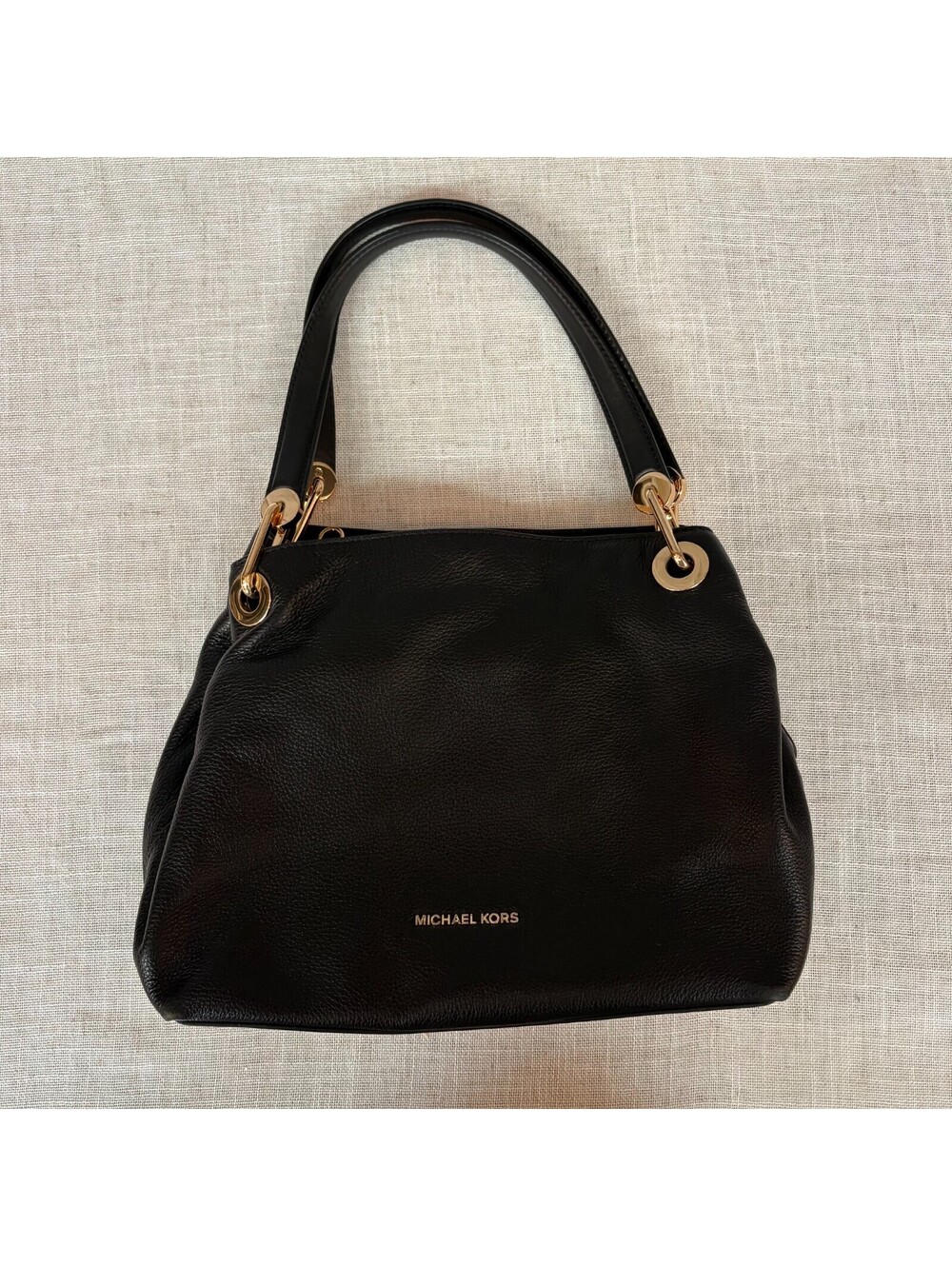 Michael Kors Raven soft pebbled leather black shoulder tote bag gold metal